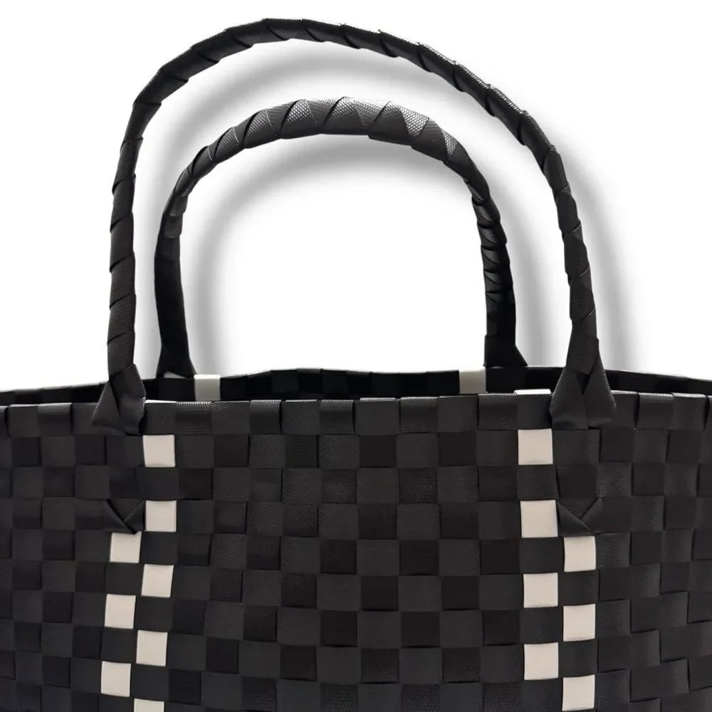 Kate Spade Large Woven Tote Black White Checkered Coastal Clean Girl Style
